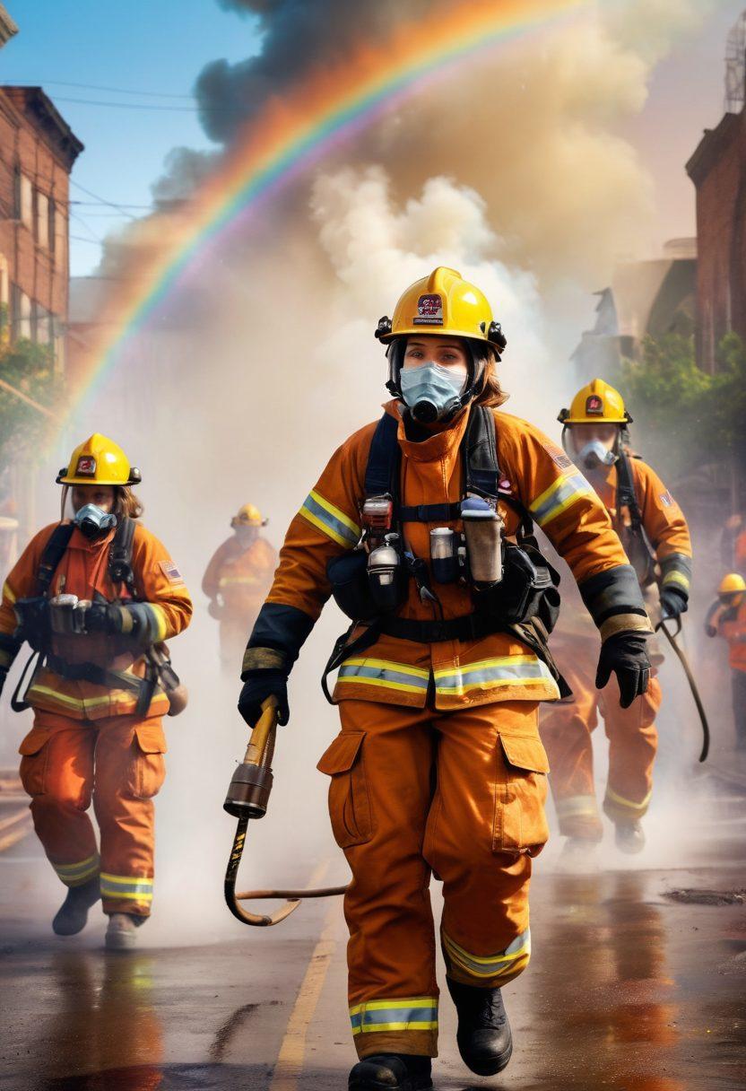 An inspiring scene showcasing courageous female firefighters in action, joyfully battling a vibrant blaze while wearing their protective gear. In the background, a rainbow appears amidst the smoke, symbolizing hope and resilience. Celebrate their camaraderie with high-fives and smiles, surrounded by a lively urban setting. Bright, vivid colors enhance the sense of adventure and bravery. super-realistic. vibrant colors. dynamic composition.