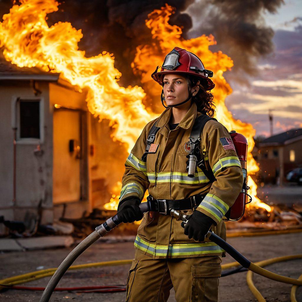 A fierce female firefighter in action, confidently holding a hose with flames rising in the background, showcasing her strength and determination. Include diverse women in fire gear supporting each other, symbolizing unity and empowerment. The scene should capture dynamic motion and vibrant energy, emphasizing teamwork and resilience. sunset sky adds warmth to the atmosphere. super-realistic. vibrant colors.