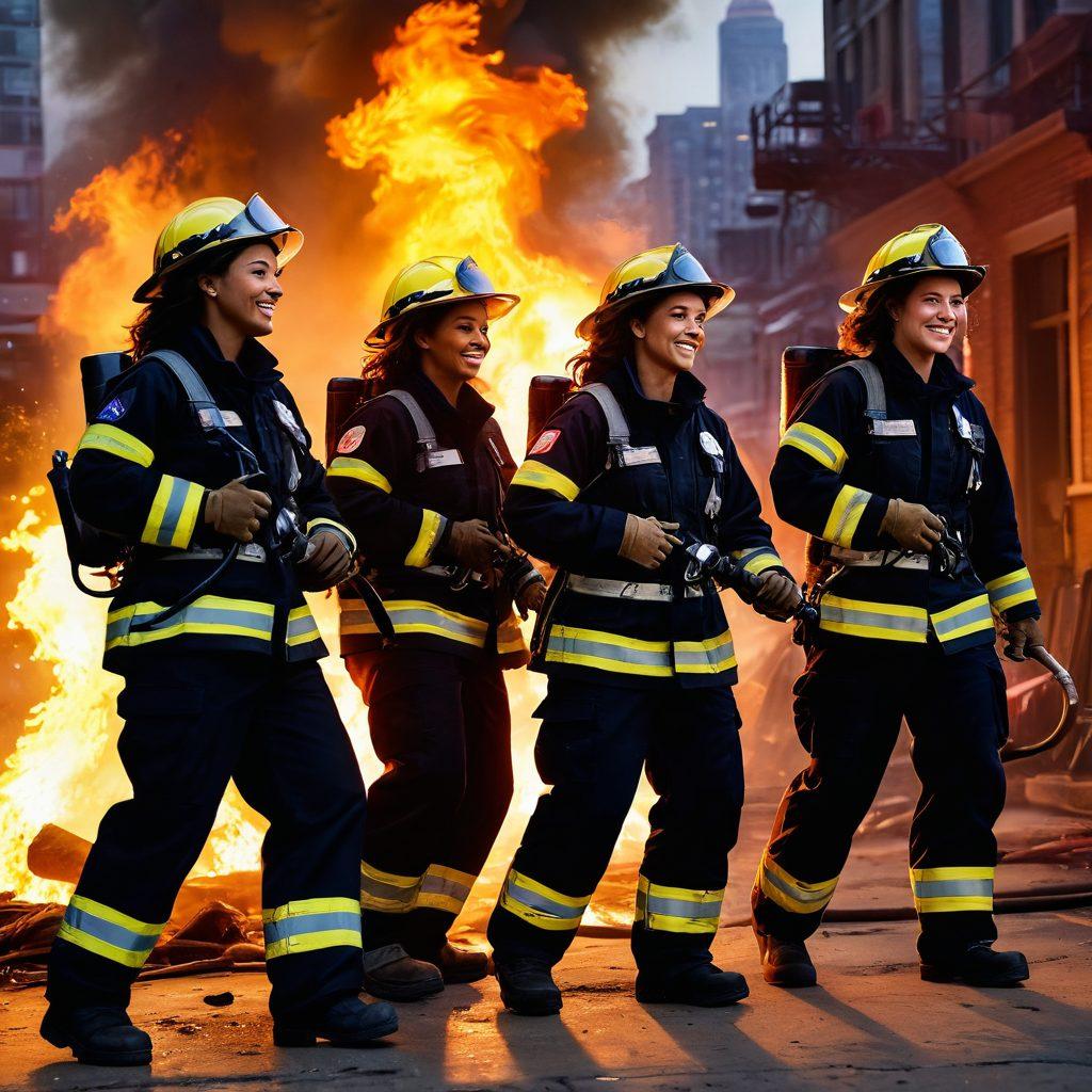 A dynamic scene showcasing a diverse group of female firefighters in action, radiating confidence and joy as they work together to extinguish a fire, surrounded by vibrant flames and smoke. Their uniforms are bright and detailed, reflecting their strength and teamwork. Incorporate elements of camaraderie, with smiles and supportive gestures. The background features a cityscape with a sunset to symbolize hope and empowerment. super-realistic. vibrant colors. dramatic lighting.